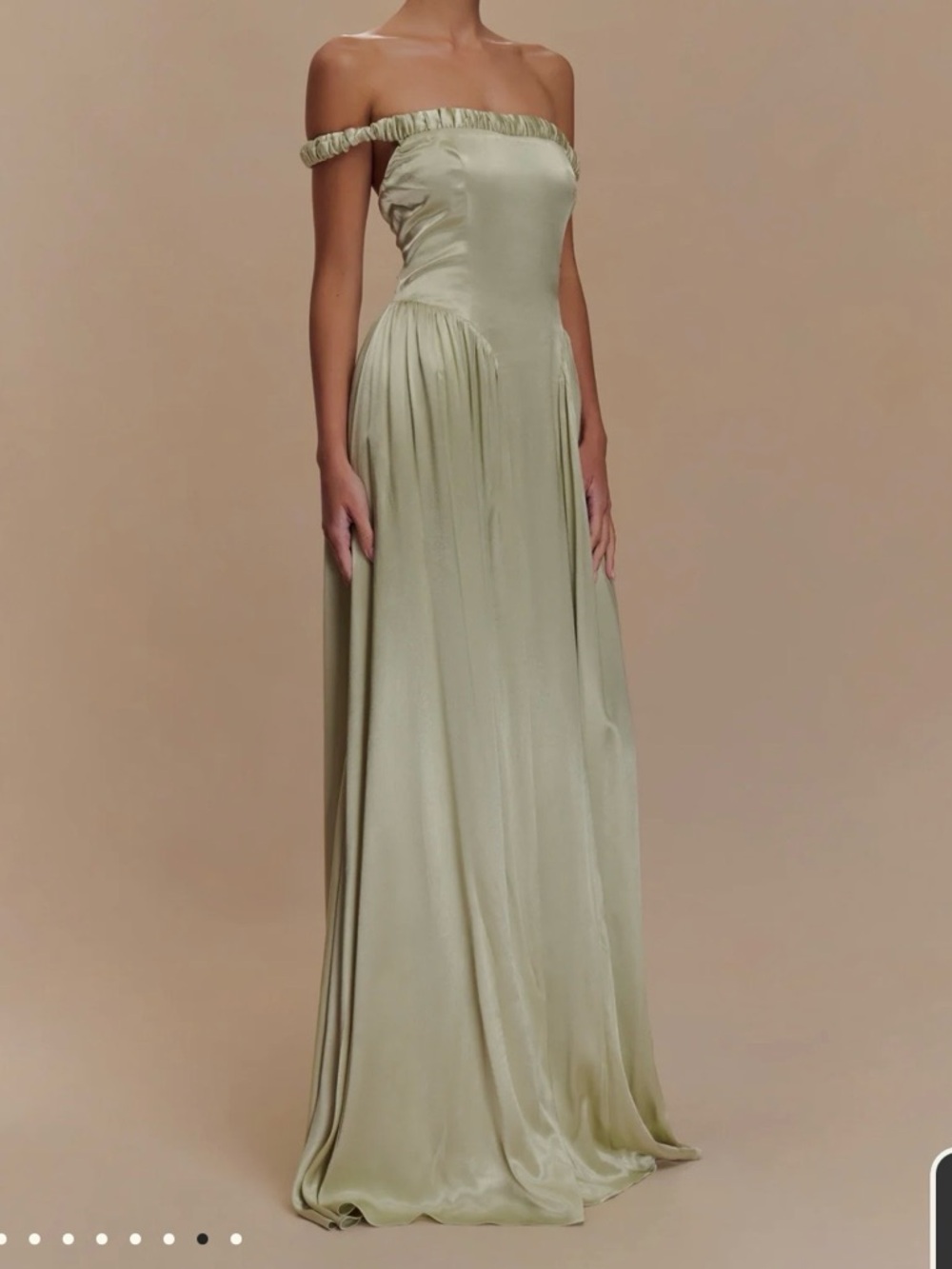 Meshki Satin Ruffled Strapless Evening Gown in Sage Green
